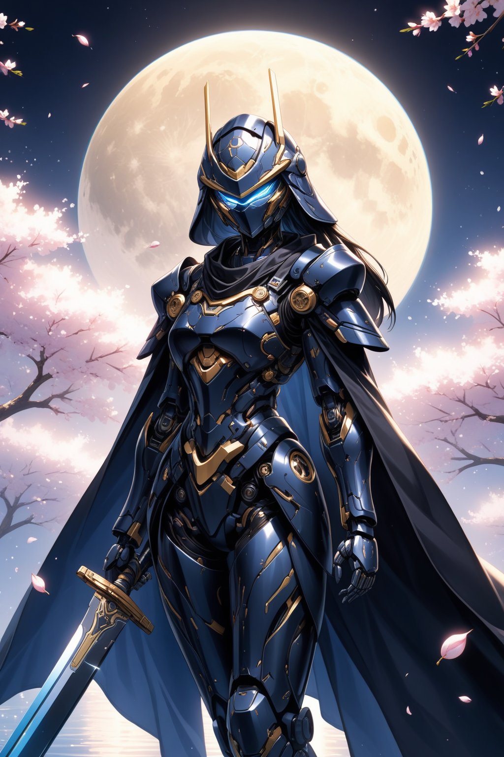 Under the silvery light of a full moon, Moonlit Ninja's humanoid robot form glows with a metallic sheen, augmented body glistening like chrome. Cherry blossoms fall softly around her as she soars through the air, raven-black hair flowing behind her like a dark cloak. Her sword shines with precision-cut chrometech, reflecting the gentle glow of the moon. The intricate lines and delicate drawing are ultra-detailed, with subtle imperfections adding realism to this breathtaking scene.