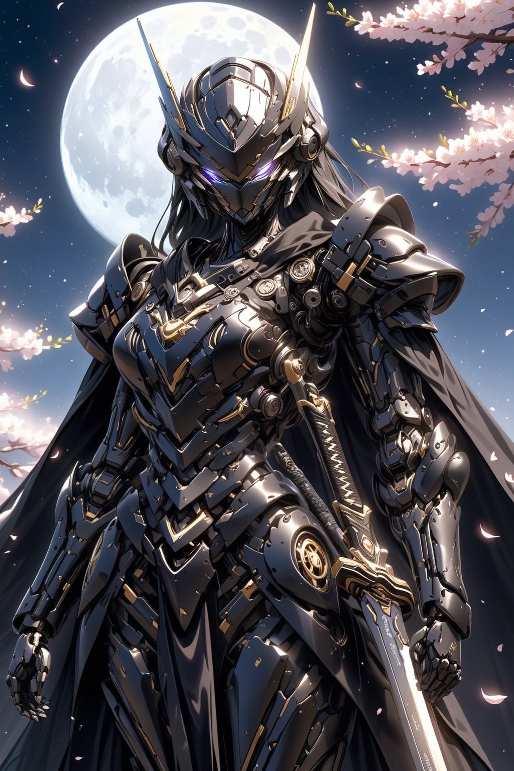 Under the silvery light of a full moon, Moonlit Ninja's humanoid robot form glows with a metallic sheen, augmented body glistening like chrome. Cherry blossoms fall softly around her as she soars through the air, raven-black hair flowing behind her like a dark cloak. Her sword shines with precision-cut chrometech, reflecting the gentle glow of the moon. The intricate lines and delicate drawing are ultra-detailed, with subtle imperfections adding realism to this breathtaking scene.