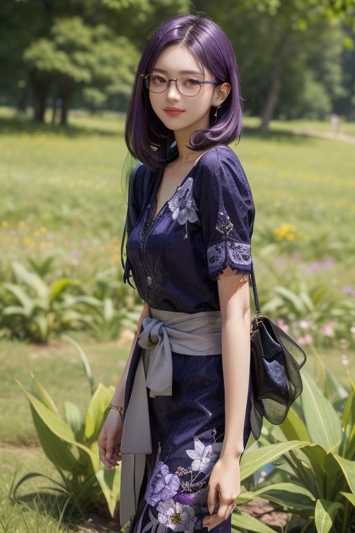 1 girl, asian face, short_hair, purple_eyes, purple hair, wearing glasses, megane, glasses, good finger, potrait, 5_figner, fingers, detailed-finger, cute, smile face, kebaya, bodygoals