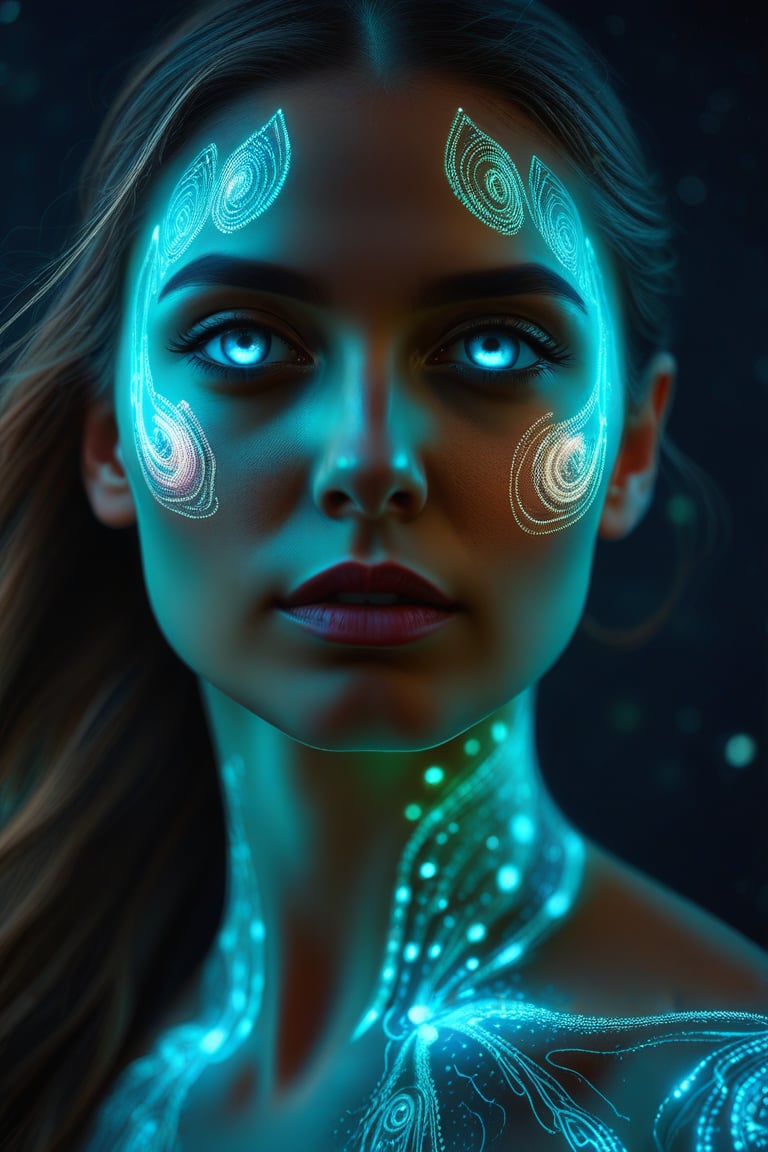 A woman with a face that glows with bioluminescent patterns, mystical and surreal