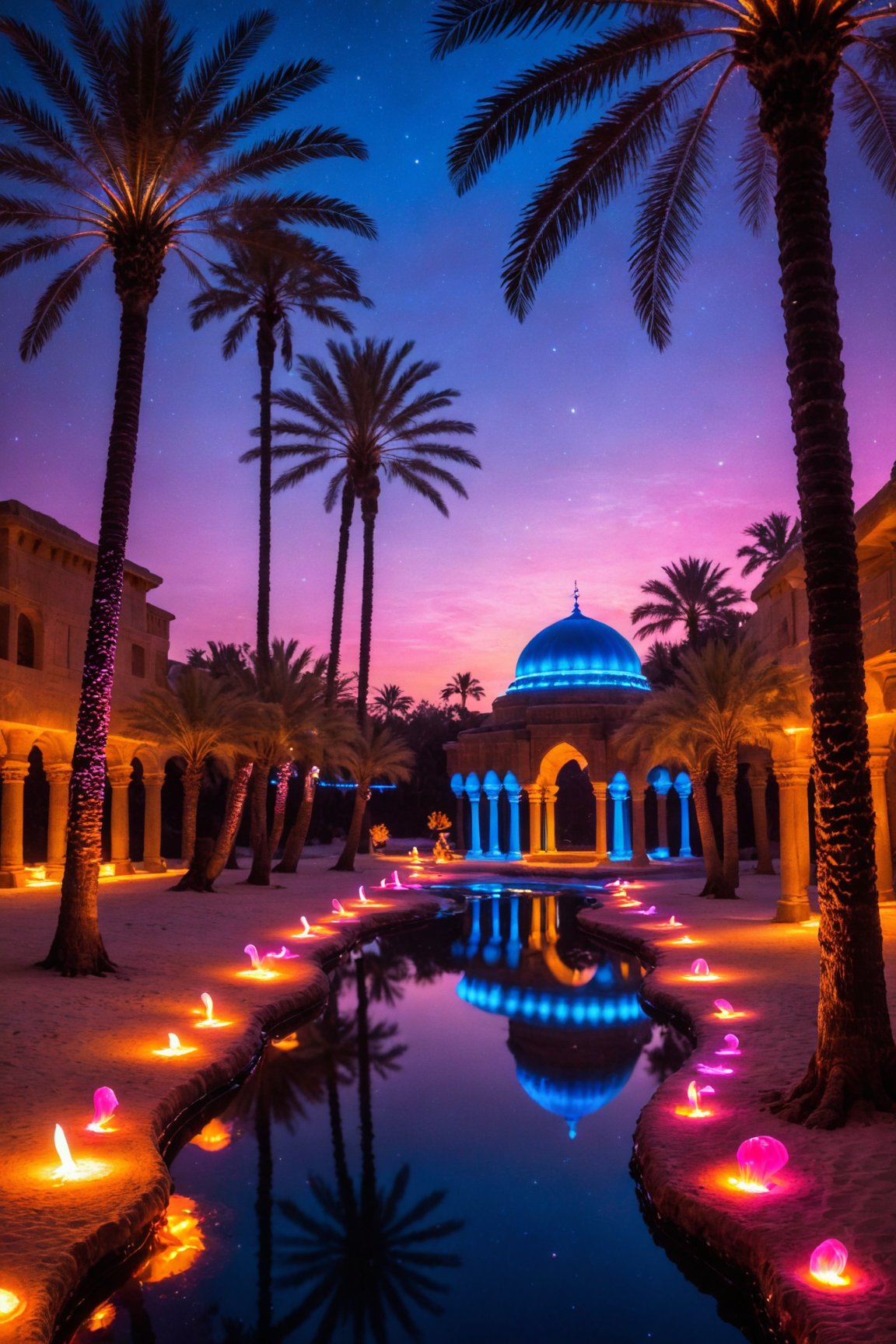 Scenic Islamic garden with palm trees




