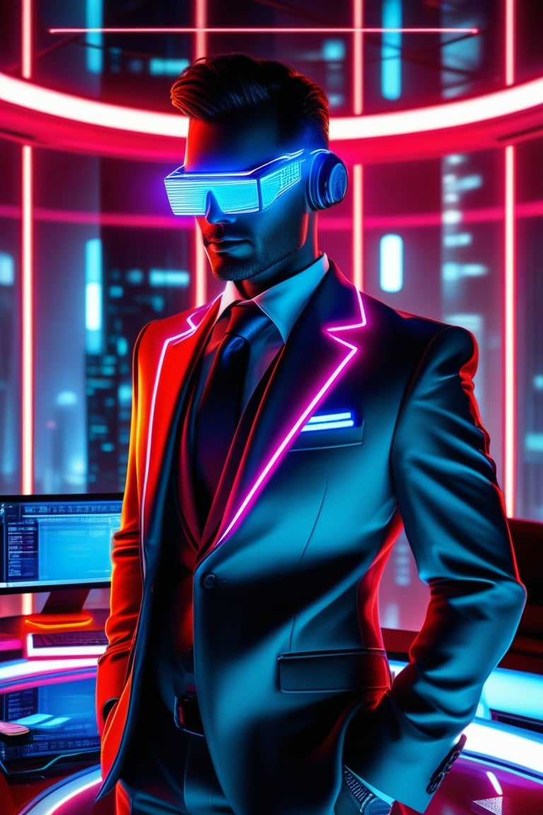 Cyberpunk Corporate Executive: high-tech office, neon suit, glowing accessories, sci-fi, digital interface, cyber elements, powerful presence, urban setting, tech mogul