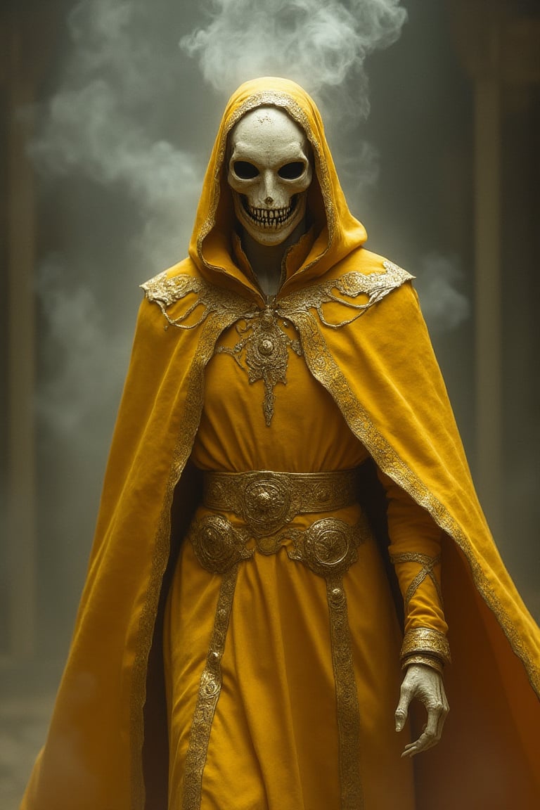 highly detailed masked robed god. King in yellow. (((faceless mask of withered bone:1))), old yellow tattered robe, smoke rises from gaps in robe and from behind the person, background is bone white and strange ghost shapes of tentacles, looking at viewer, shiny, intricate design details, with vibrant colors, bold colors, iridescent background, contrasting shadows, natural lighting, flowing, gold and bone ornates on robe,  
The art style is fantasy, with cinematic lighting and warm tones. It is a portrait with a mysterious mood, depicting an scary beauty in a fantasy world, hkmagic, masterpiece, best quality, highly detailed, sharp focus, dynamic lighting