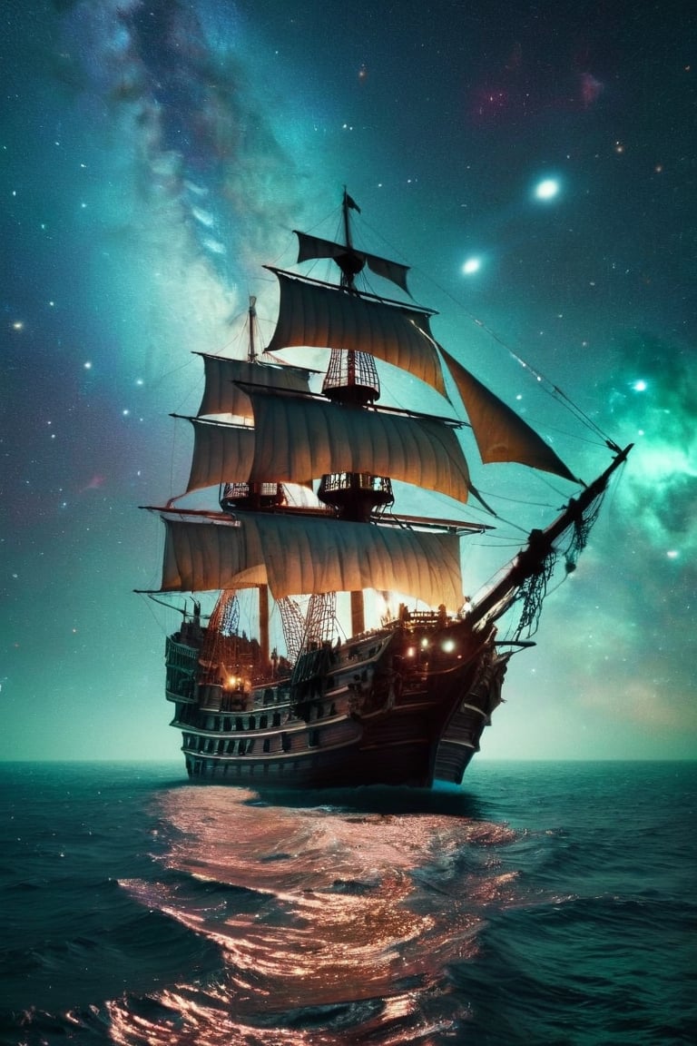 space-themed Pirate ship sailing into a bioluminescence sea with a galaxy in the sky), epic, 4k, ultra . cosmic, celestial, stars, galaxies, nebulas, planets, science fiction, highly detailed, RAW candid cinema, 16mm, color graded portra 400 film, remarkable color, ultra realistic, textured skin, remarkable detailed pupils, realistic dull skin noise, visible skin detail, skin fuzz, dry skin, shot with cinematic camera