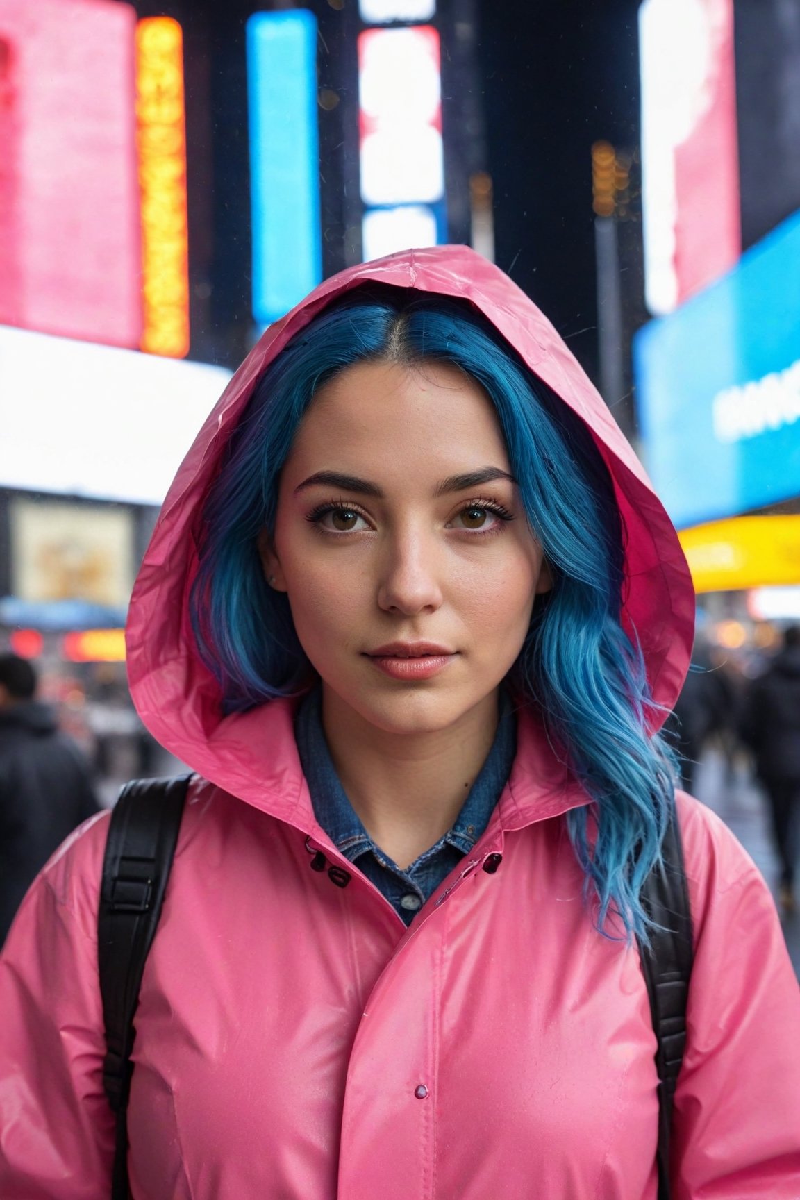 Ultra-high resolution, cinematic lighting,Woman wearing pink raincoat in Times Square,xxmix_girl,more detail XL, blue medium hair, mexican