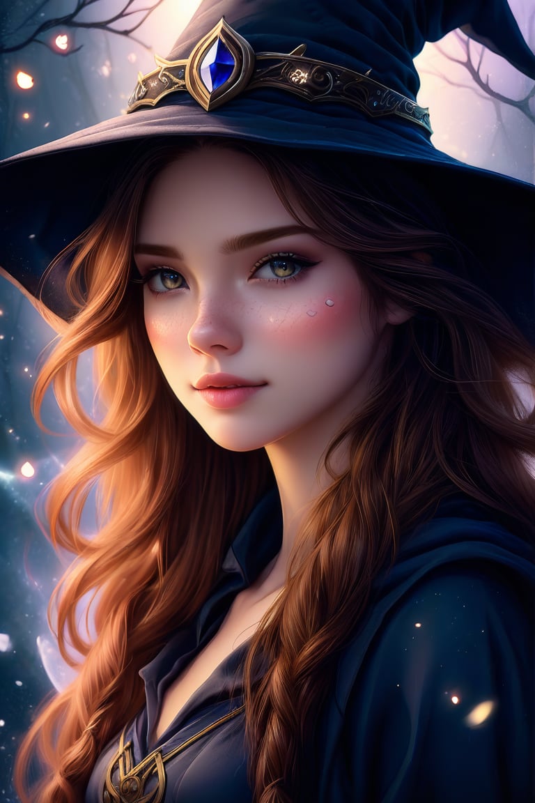 photorealistic, 35mm, intricate details, hdr, intricate details, hyperdetailed, natural skin texture, hyperrealism, sharp, 1 girl, adult (elven:0.7) woman, freckles, grey eyes, chestnut layered hair, portrait, looking down, solo, half shot, detailed background, witch hat, witch, magical atmosphere, hair flowing in the wind, red trimmed light colored clothes, whirlwind of swirling magic spell in the air, dark magic, (style-swirlmagic:0.8), floating particles,
