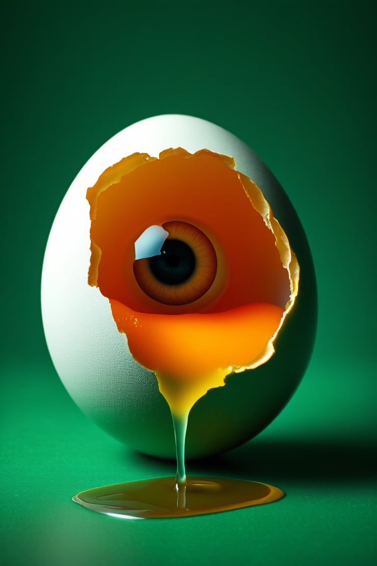 portrait shot, a broken egg, big eye ball inside the egg, the yolk is a humam eye, dripping, the egg is floating in the air, the egg is floating in the air, the background is a soft dark green studio, backlit, colorful shadow, photorealistic, f/1.2, 4k, 35mm, high details