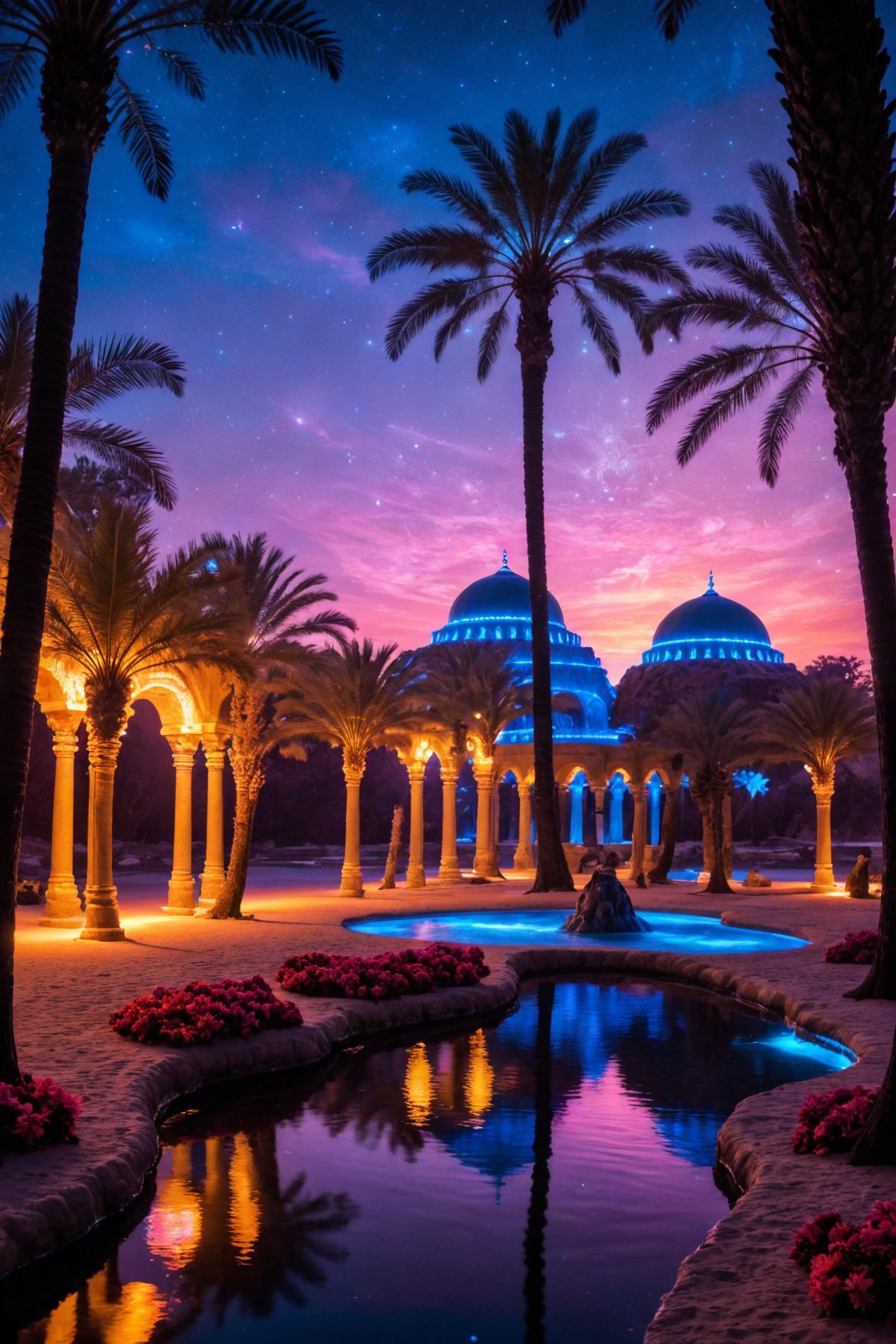 Scenic Islamic garden with palm trees




