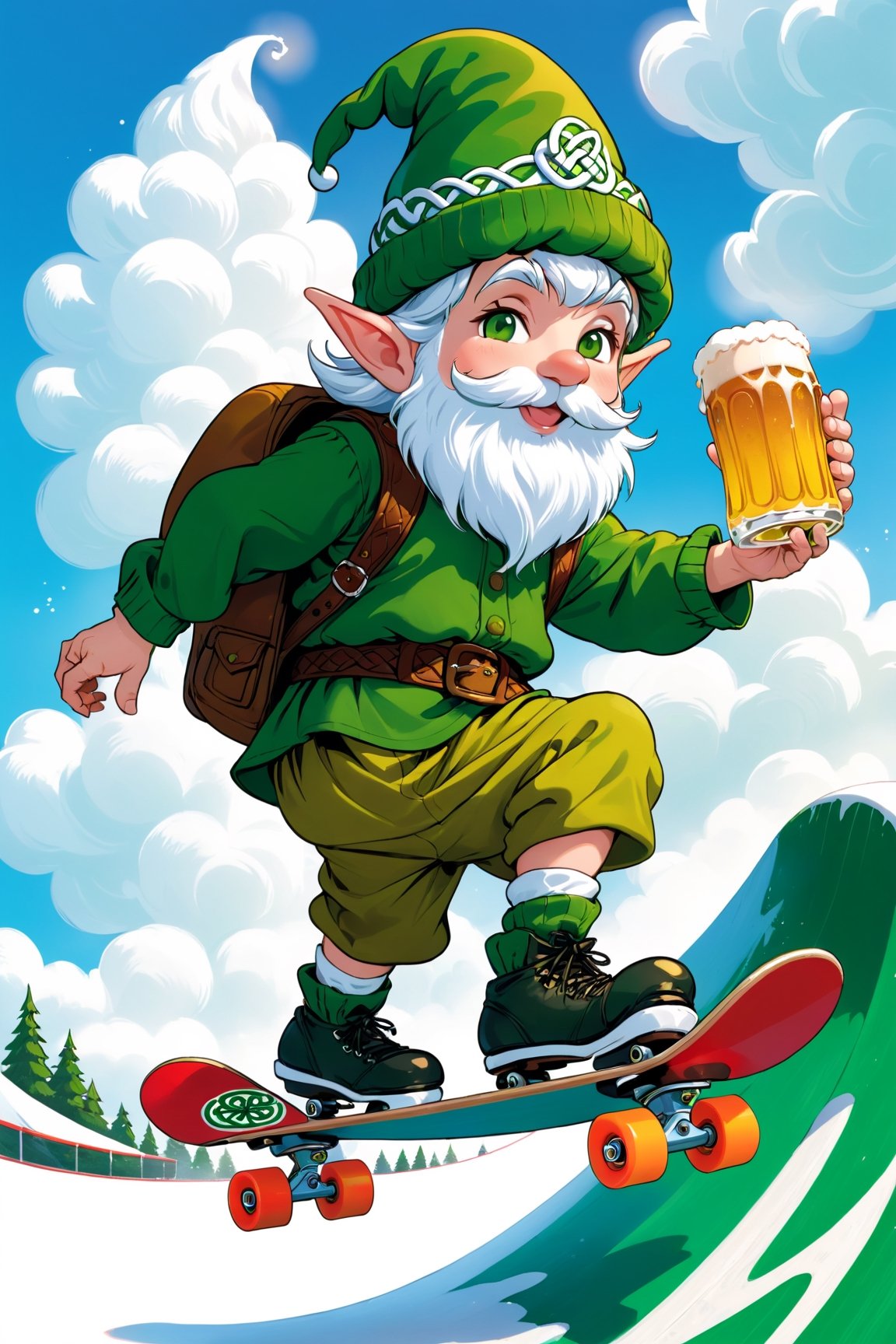 cute cartoon celtic gnome skating skateboard at a green white halfpipe, candycotton clouds, with a beer in his hand, green clothes, gnome hat
