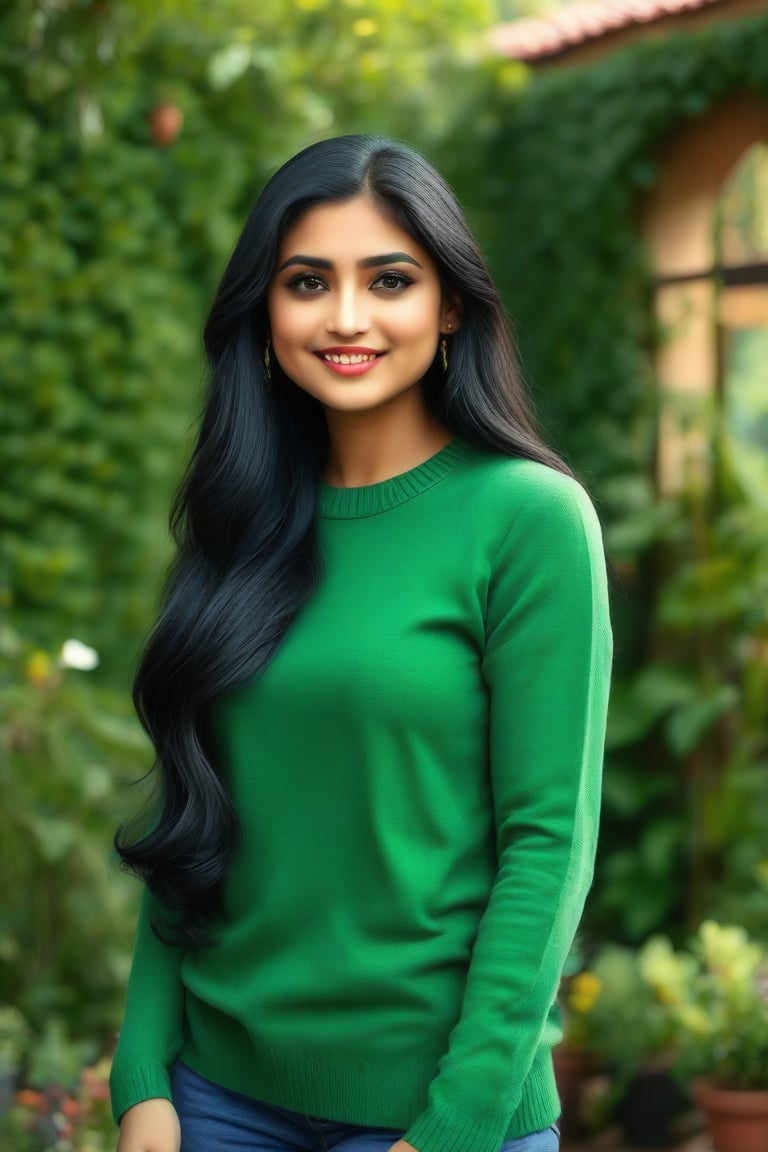 Lovely cute young attractive indian girl, 35 years old, cute model, long black_hair, black hair, They are wearing a green sweater, and she is a garden, good fit body
