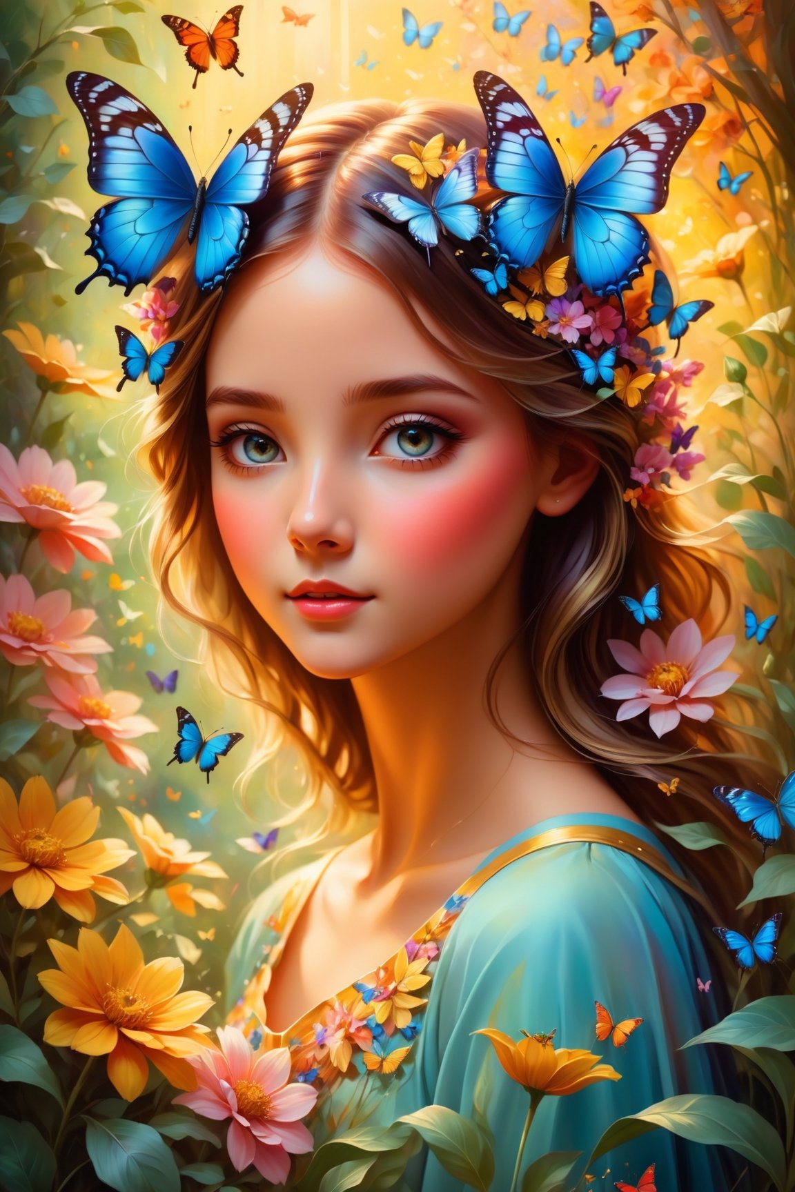 Girl with a butterfly head, surrounded by a colorful garden, soft and soothing colors, vibrant flowers, butterflies flying around, gentle sunlight, dreamlike atmosphere, detailed and realistic features, smooth brushstrokes, oil painting medium, high-quality and high-resolution, magical and surreal style, captivating and imaginative scene, happy and peaceful mood, intricate patterns on the butterfly wings, delicate petals and leaves, harmonious composition, ethereal and enchanting ambiance, the girl's serene expression, capturing the viewer's attention, a masterpiece that evokes emotions and sparks creativity. (best quality, 4k, highres, masterpiece:1.2), ultra-detailed, realistic:1.37, oil painting, vibrant colors, soft lighting, enchanting garden, magical butterfly