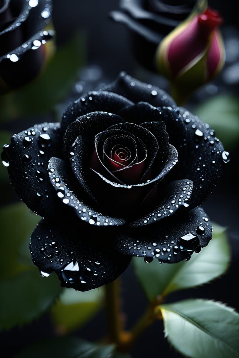 Macro Photography, a rose made out of black diamonds, shining starlight, Extreme Detail, Professional Photography, fine art, water droplets on black diamonds rose petals,