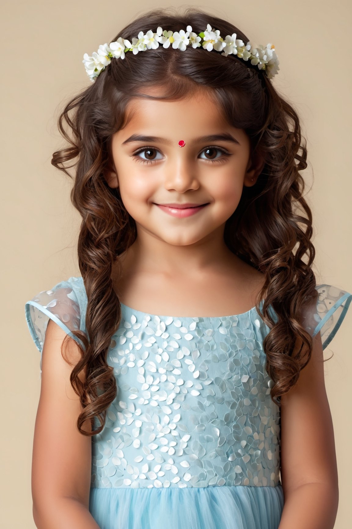 closed lips, cute smile, asian girl, Girl, ten years old, long hair, curly hair, brown hair, brown eyes, full body, child, pink princess dress, rose crown with leaves, perfect curly curls, rosy cheeks, dress with lots of ruffles and ribbons, short legs , cute, fluffy princess, dress with puff sleeves, lots of small flowers in the hair, light blue dress, freckles on the face, sparkle in the eyes, super realistic, smile with teeth showing, red lips, full lips

, indian girl,