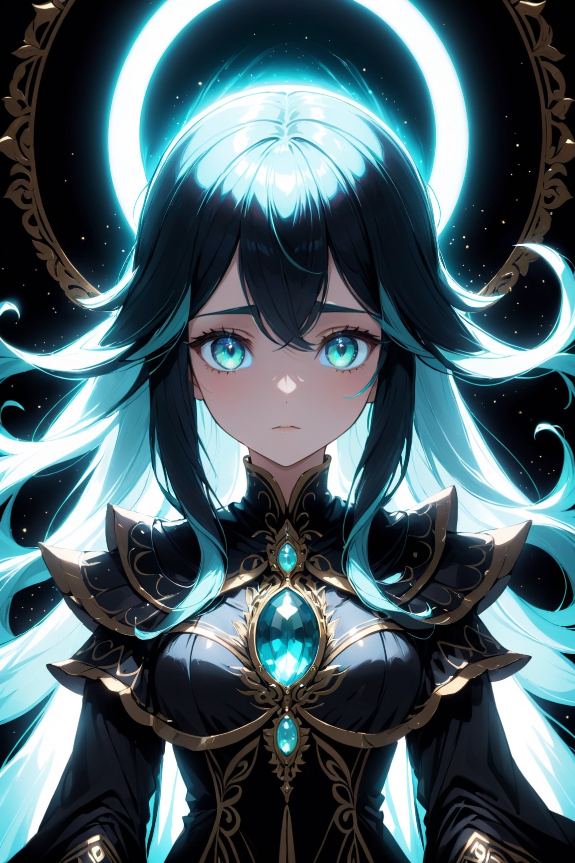 Completely black screen, absolutely nothing, pure black, detailed, but the old goddess with glowing aquamarine eyes are risin,
