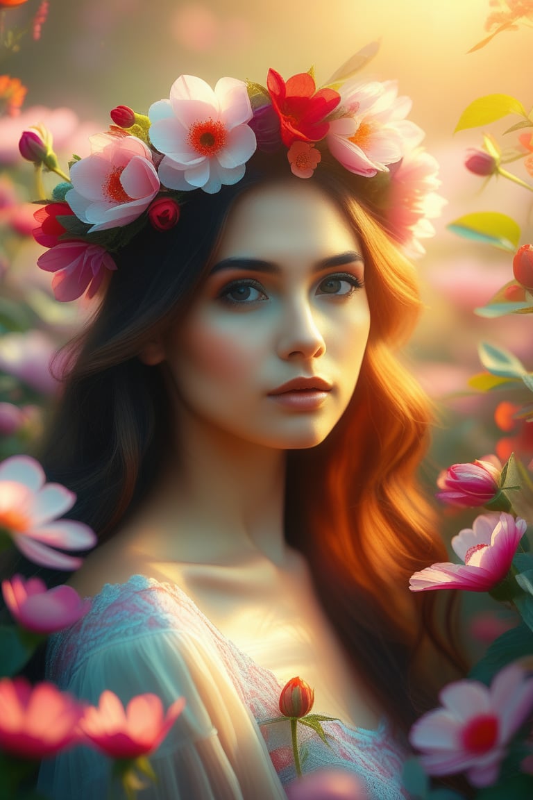 A serene, soft-focus portrait of a woman adorned with a delicate floral crown, set amidst a lush tapestry of blooming flowers. Her gentle features are bathed in warm, diffused light, radiating an otherworldly aura of ethereal beauty.