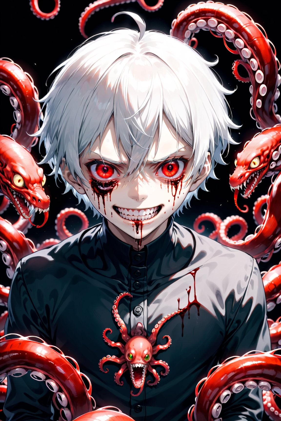 (1boy) portrait, best quality, ultra high res, ultra detailed, black and red, high contrast color tone, extremely detailed lighting, cinematic lighting, soft lights, (masterpiece, high quality:1.4), (kaneki ken, black hair, white hair, red and black eye, teeth, blood eyes, black clothes, scorpio tentacles), , , blood, , black background, thrilling, (fierce face),kaneki ken