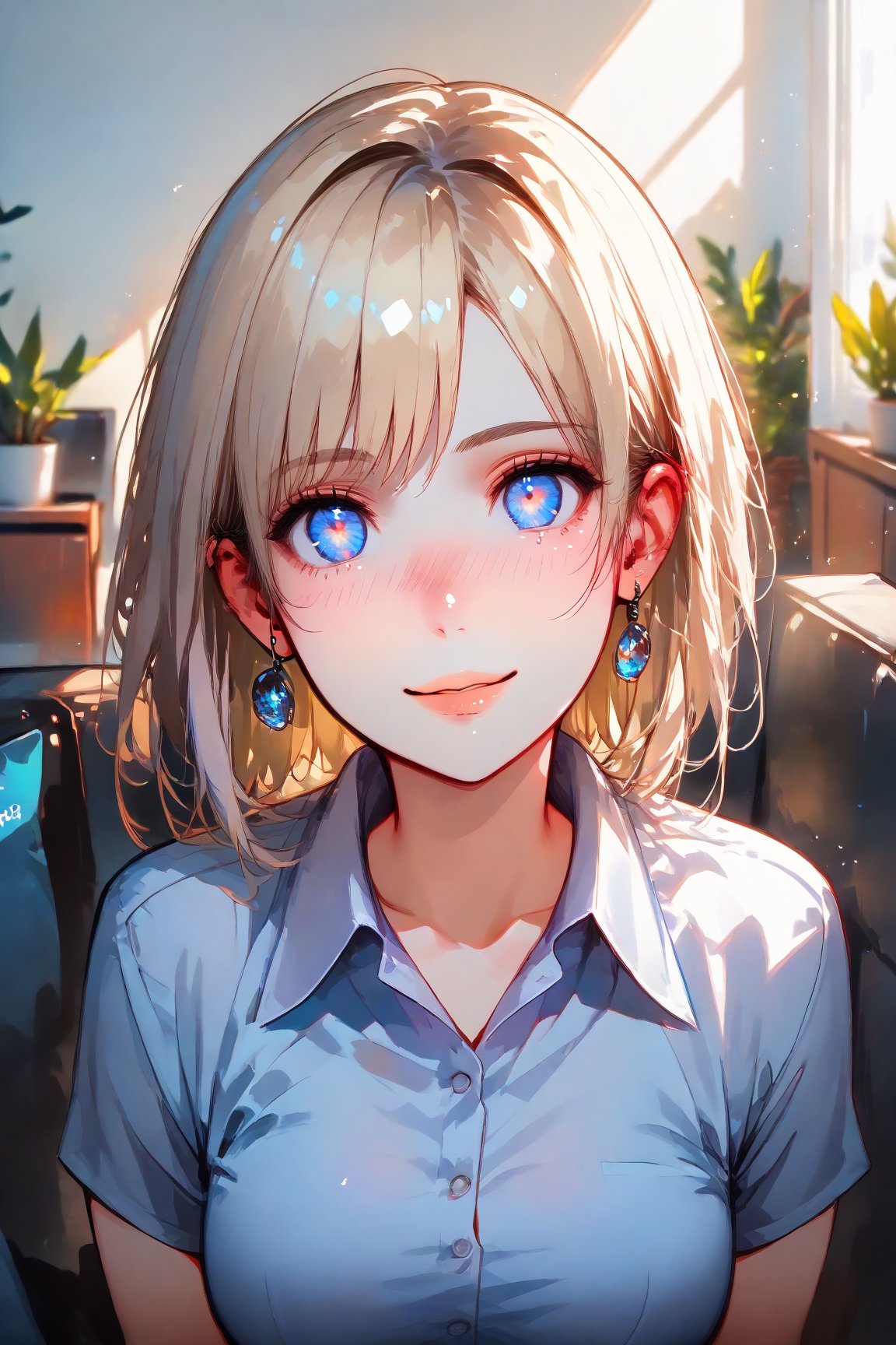 score_9, score_8_up, score_7_up, score_6_up, beautiful womand, cute face, shy, kinky smile, extreme ultra detailed perfect eyes, blue eyes , 35yo, nose blush, working office woman, sitting in a couch, (head tilted) ,(holds her head with her arm), eyes contact, lot of desire for the viewer, side portrait , face focus , pov , indoor, inside home, in living room,