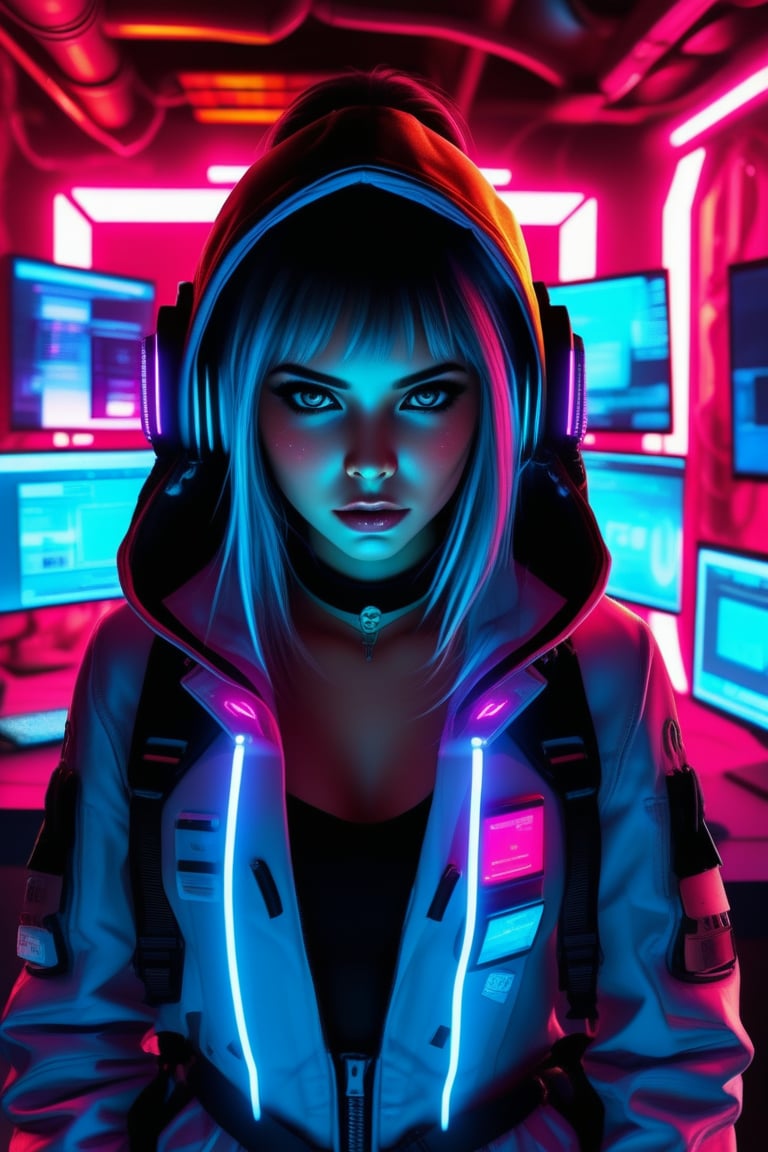 Cyberpunk Hacker Girl: neon-lit room, glowing screens, futuristic attire, sci-fi, cyber elements, digital interface, intense expression, tech-savvy, high-tech gadgets