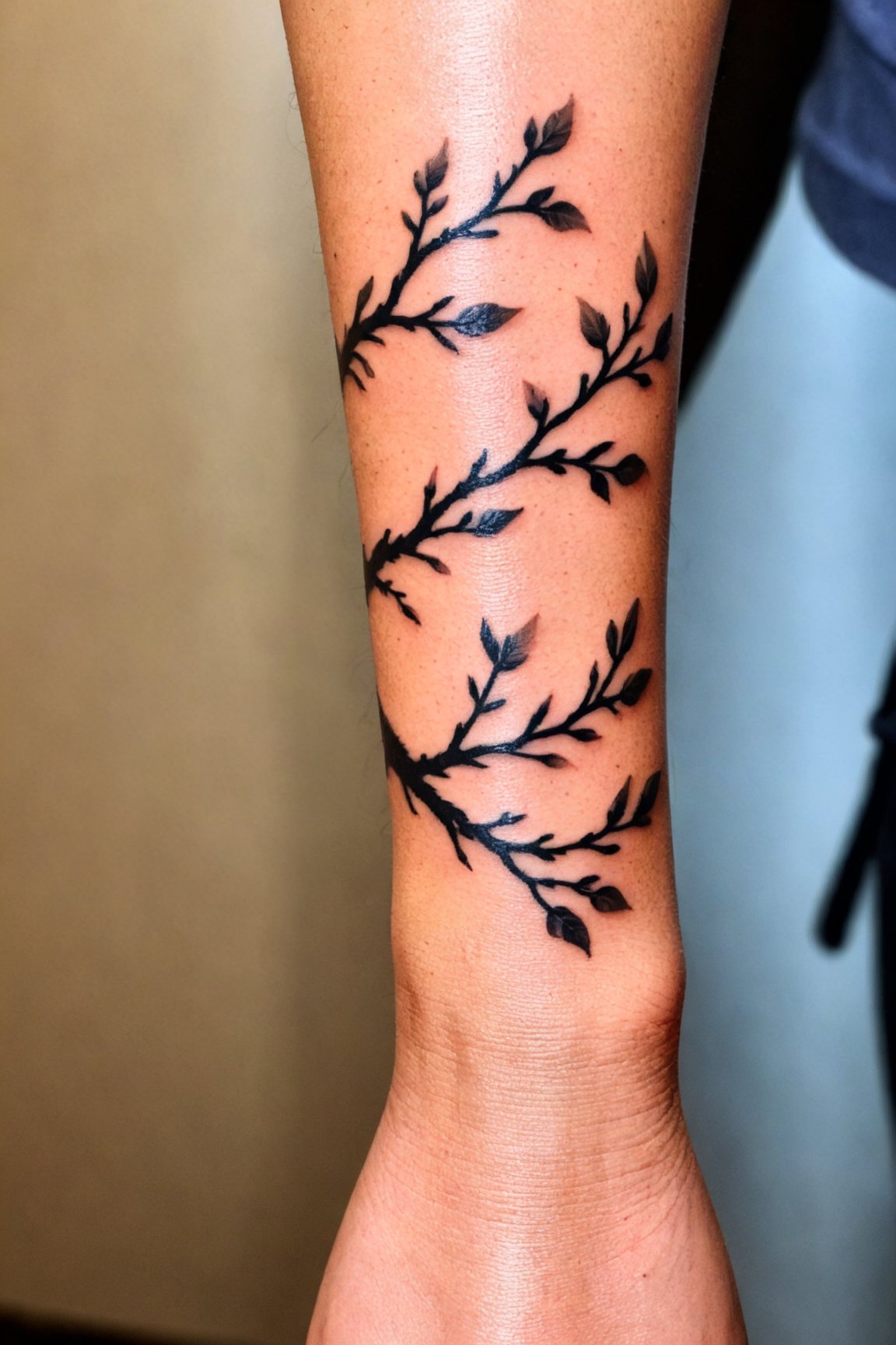 Wrist Tattoo, Tattoo Design, a black and white tattoo of a tree branch on a woman's wrist with branches coming out of it