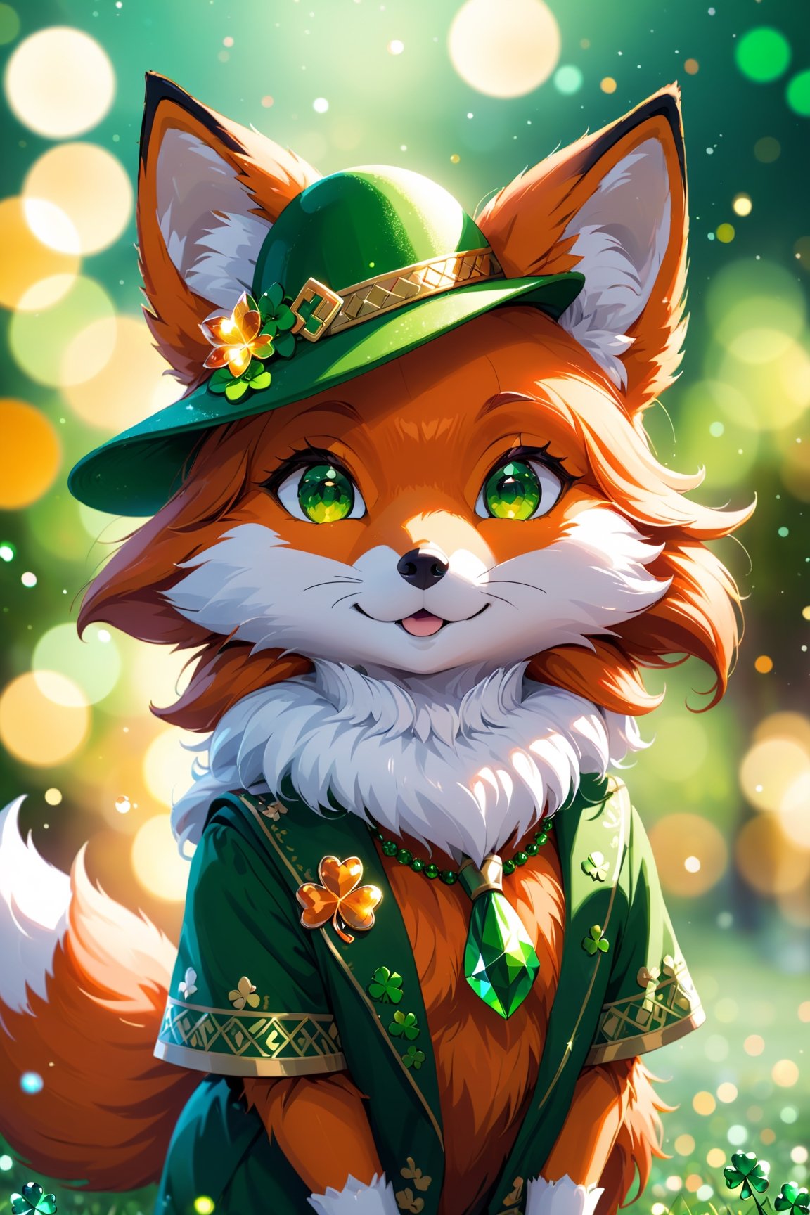 cs-cr1stal-v2, a cute red fox made of crystals wearing st. patricks day clothes and hat for the celebration, bokeh blur background, detailed, masterpiece, 8K resolution
