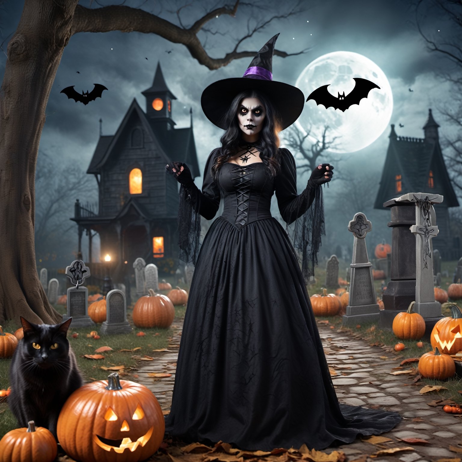 (best quality,4k,8k,highres,masterpiece:1.2),ultra-detailed,(realistic,photorealistic,photo-realistic:1.37),spooky,horror,dark,A girl in a halloween garden,creepy atmosphere,haunted vibe,witch costume,huge full moon,scary trees,carved pumpkins,witch hat,candlelit path,ghostly shadows,decorations hanging from trees,spiderwebs,fall leaves blowing in the wind,flickering lanterns,ominous fog,abandoned mansion,silent night,witch cauldron,bats flying in the sky,giant spiders crawling,skeletons and skulls,menacing black cat,starry night sky,cackling sounds,graveyard with tombstones,full of mysterious mist,witch broom,witch cackling,witch potion,magic spells,witch's familiar,witch brewing magic in a cauldron.

Halloween, 