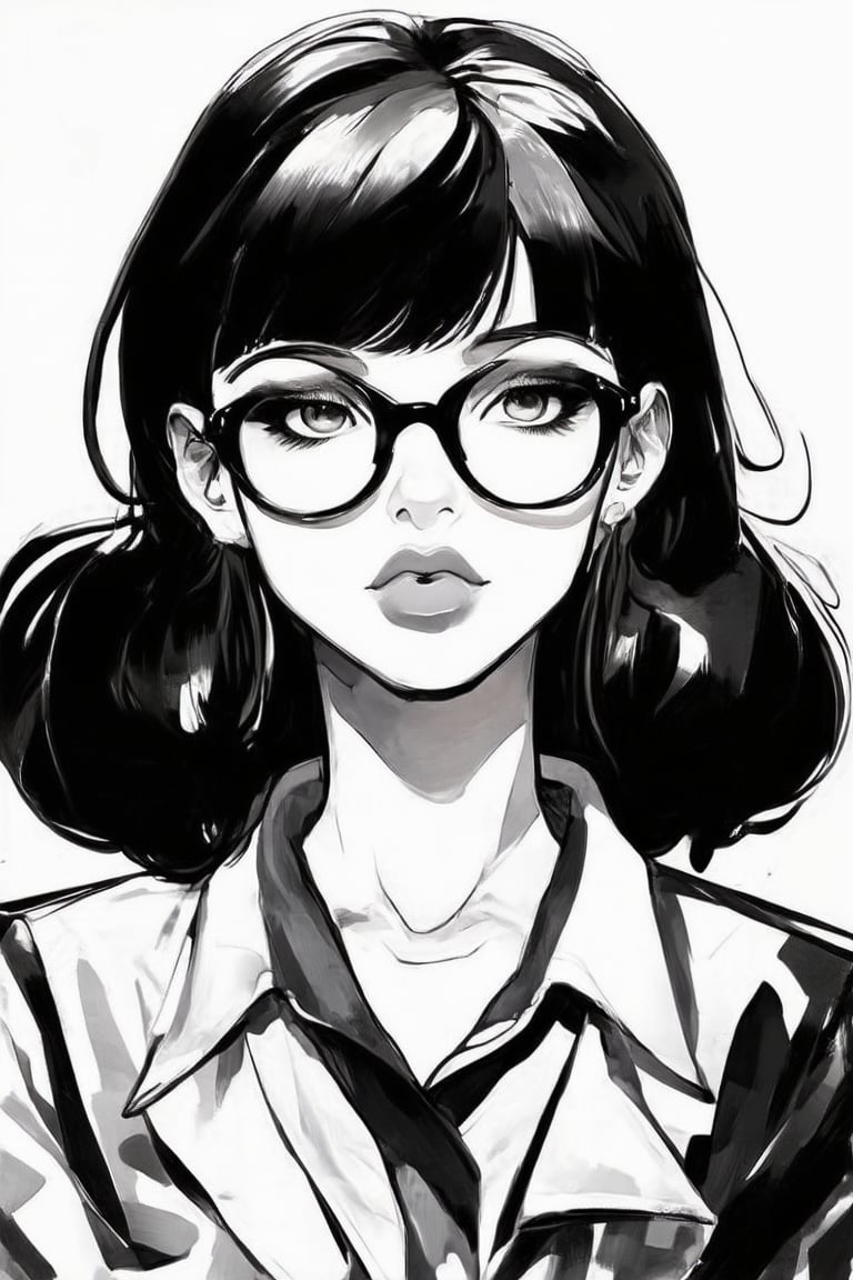 Comic Art Illustration Style,  a painting of a woman with glasses and black hair, 1girl, solo, looking at viewer, shirt, black hair, brown eyes, white shirt, lips, sunglasses