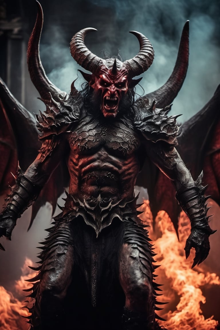 Horror-themed cinematic film still,a horrifying red-skinned male demon king, (full body portrait:1.3), (detailed monstrous evil face:1.4), screaming, wide spread bat like wings, (detailed scaly skin texture:1.2), long curved horns, (in hell, swirling tormented souls, billowing smoke:1.5), black spiky armor,, shallow depth of field, vignette, highly detailed, high budget, bokeh, cinemascope, moody, epic, gorgeous, film grain, grainy . Eerie, unsettling, dark, spooky, suspenseful, grim, highly detailed
