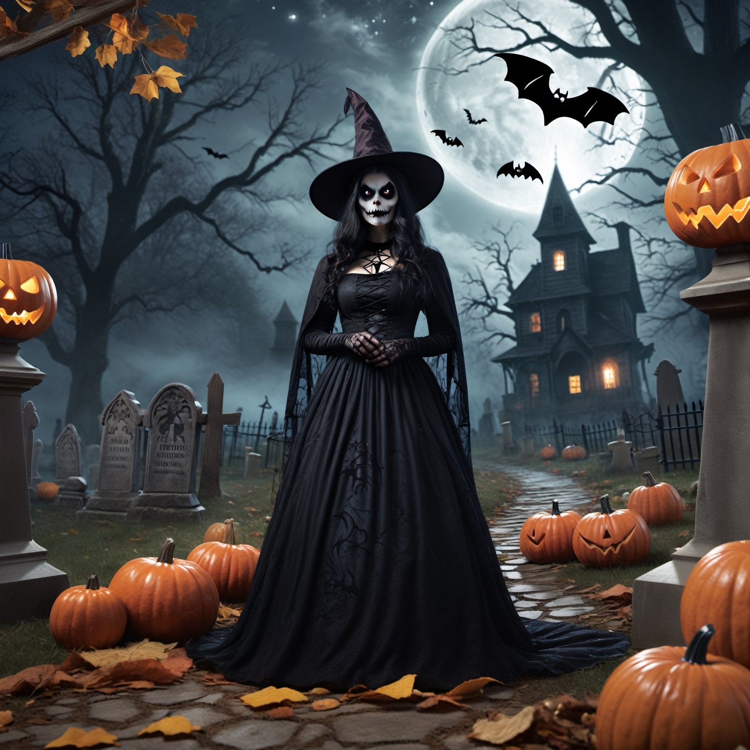 (best quality,4k,8k,highres,masterpiece:1.2),ultra-detailed,(realistic,photorealistic,photo-realistic:1.37),spooky,horror,dark,A girl in a halloween garden,creepy atmosphere,haunted vibe,witch costume,huge full moon,scary trees,carved pumpkins,witch hat,candlelit path,ghostly shadows,decorations hanging from trees,spiderwebs,fall leaves blowing in the wind,flickering lanterns,ominous fog,abandoned mansion,silent night,witch cauldron,bats flying in the sky,giant spiders crawling,skeletons and skulls,menacing black cat,starry night sky,cackling sounds,graveyard with tombstones,full of mysterious mist,witch broom,witch cackling,witch potion,magic spells,witch's familiar,witch brewing magic in a cauldron.

Halloween, 