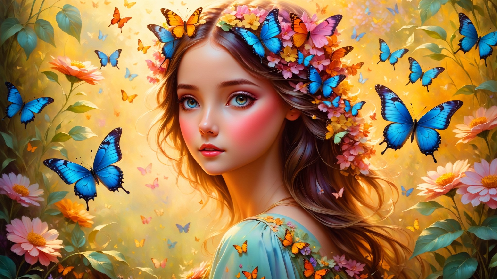 Girl with a butterfly head, surrounded by a colorful garden, soft and soothing colors, vibrant flowers, butterflies flying around, gentle sunlight, dreamlike atmosphere, detailed and realistic features, smooth brushstrokes, oil painting medium, high-quality and high-resolution, magical and surreal style, captivating and imaginative scene, happy and peaceful mood, intricate patterns on the butterfly wings, delicate petals and leaves, harmonious composition, ethereal and enchanting ambiance, the girl's serene expression, capturing the viewer's attention, a masterpiece that evokes emotions and sparks creativity. (best quality, 4k, highres, masterpiece:1.2), ultra-detailed, realistic:1.37, oil painting, vibrant colors, soft lighting, enchanting garden, magical butterfly