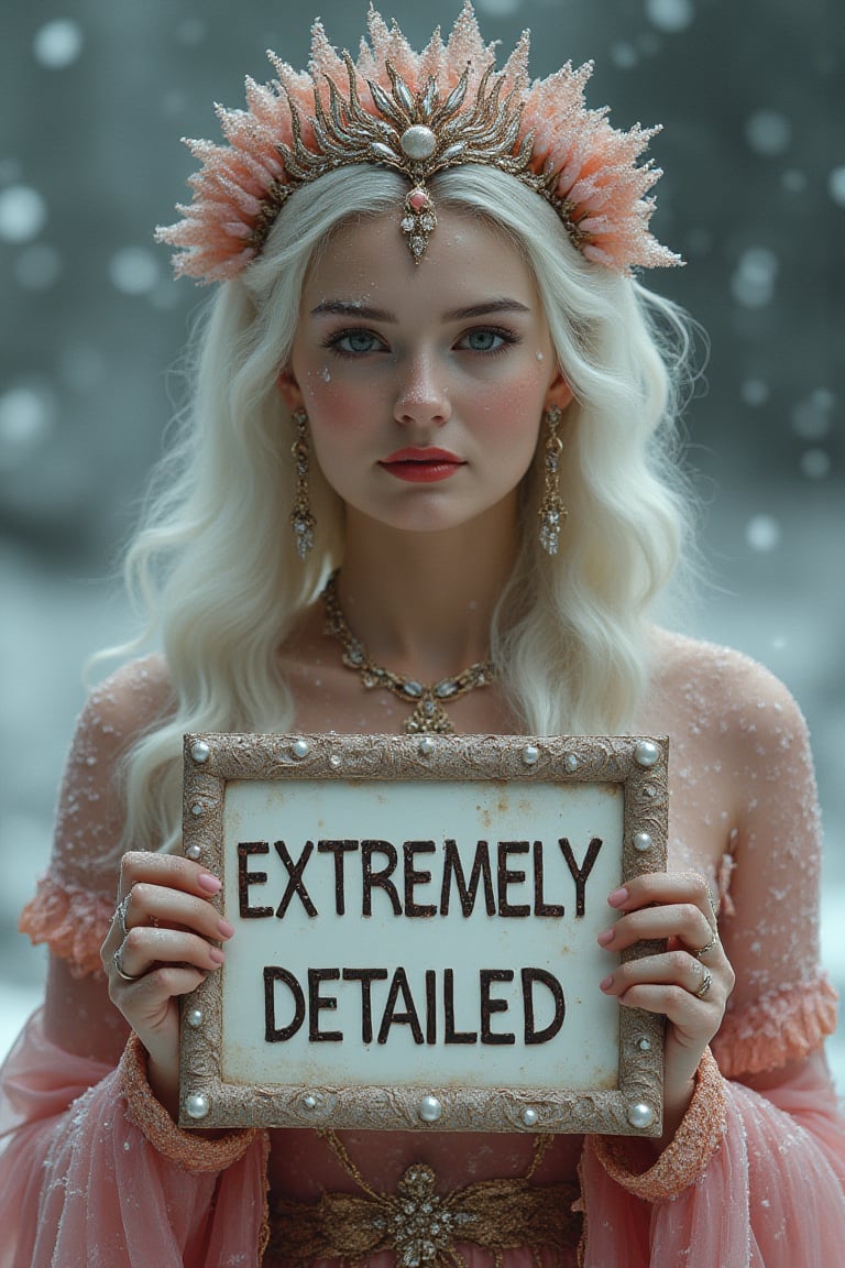 Real sharp photo, snowing, snowflakes in the air, blurred background, Black, pink, fuchsia, red portrait of a gorgeous princess with white hair, holding a sign that says "EXTREMELY DETAILED", white milky makeup, ethnic dress with floral gowns, hair ornament made of blooming flowers, crystals, blurry background, tiara, earrings, facing the viewer stands amidst snowflakes, rose gold minerals, shiny aura, highly detailed, frozen organically grown crystals, gold and pearl filigree, intricate motifs, organic tracery. A mesmerizingly enchanting scene unfolds in this cinematic film still. The image, likely a photograph, is highly detailed, realistic, and dreamlike. The woman radiates a magical quality, in the lush, vibrant field surrounding her. The overall effect is breathtaking and truly captivating, inviting viewers to lose themselves in the allure of this enchanting moment.