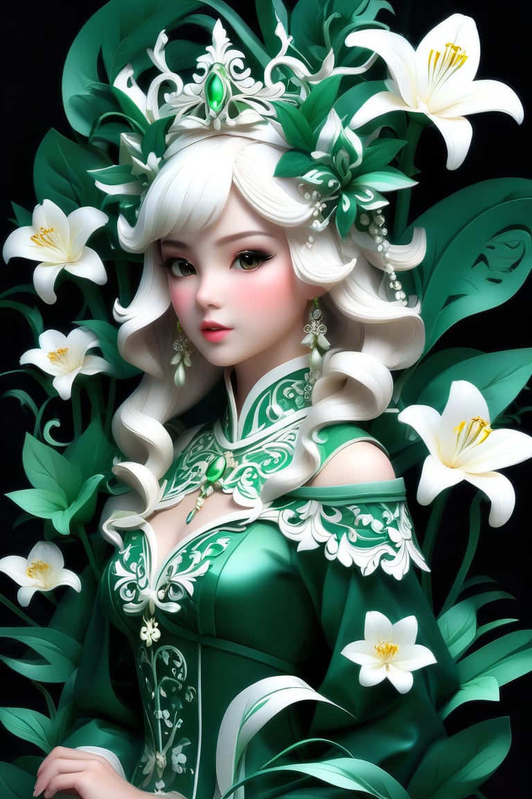 Brian Jungen (Brian Jungen) styled,double contact,（Girl with lilies all over her body and head）,emerald and white,,Rendered by Octane,unreal-engine,Rococo paper cutting,Fantasyart,Surreal
