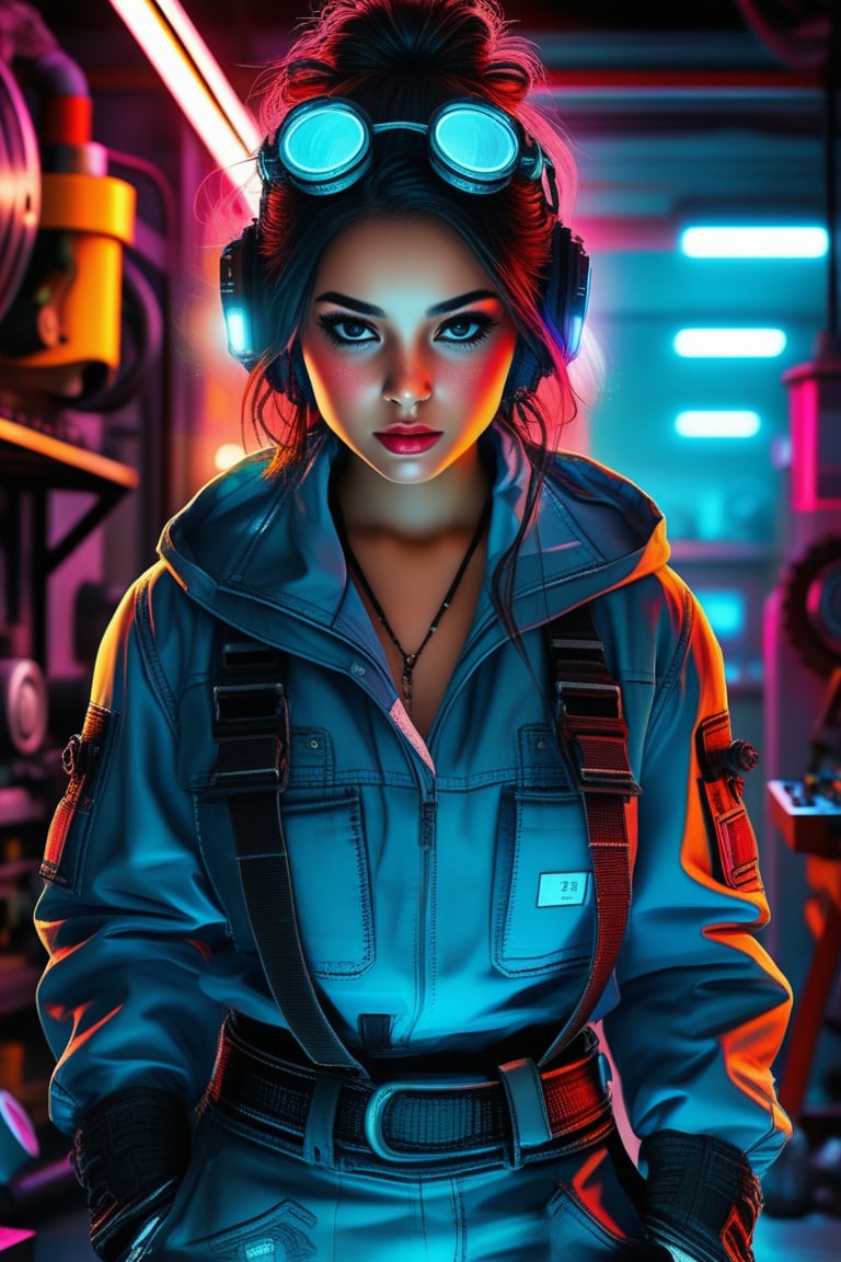 Cyberpunk Mechanic Girl: glowing tools, neon-lit garage, futuristic overalls, sci-fi, cyber elements, urban workshop, digital interface, tech-savvy, rugged appearance