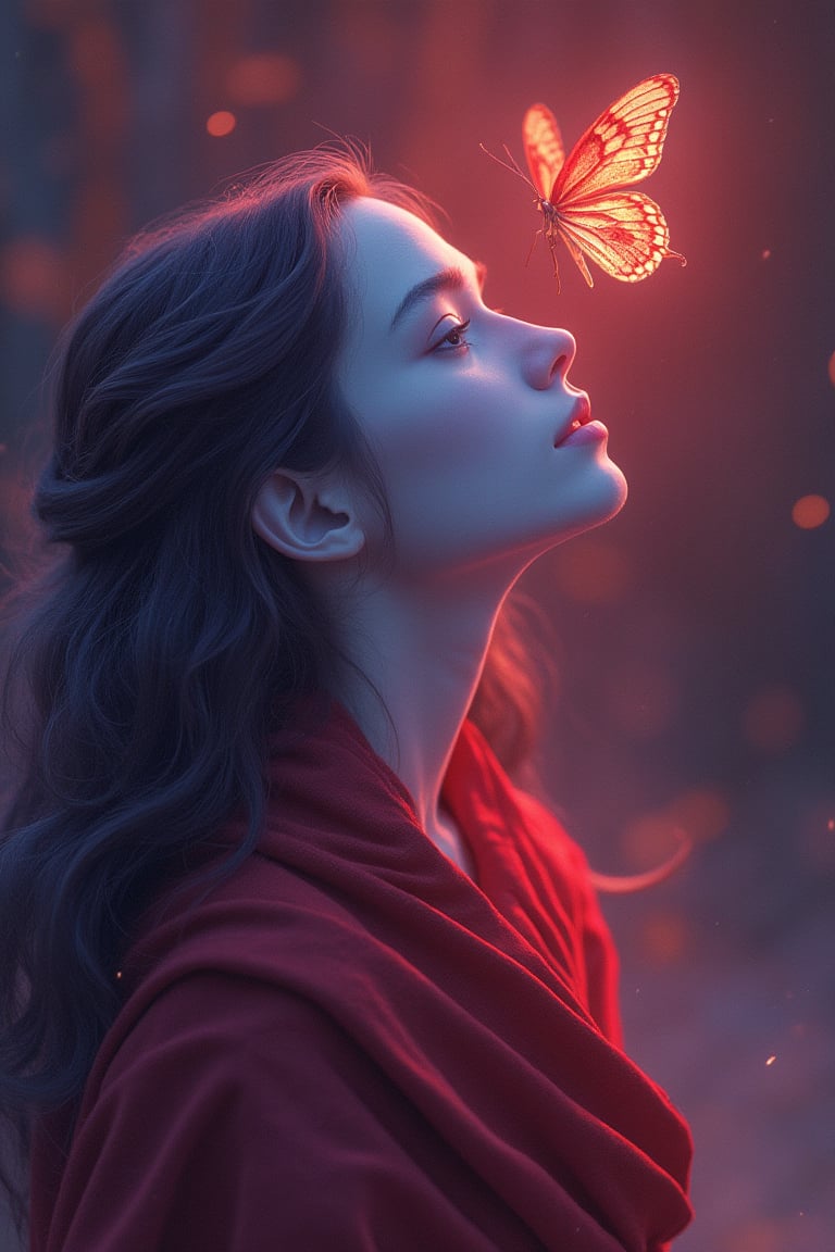 A striking illustration of Ranni’s face, illuminated by a soft red light, captivated by a radiant butterfly hovering above it. Witch princess, wavy hair, petite, robe , blue skin, mythp0rt, and creating a mysterious, cinematic atmosphere., cinematic, vibrant, photo, illustration