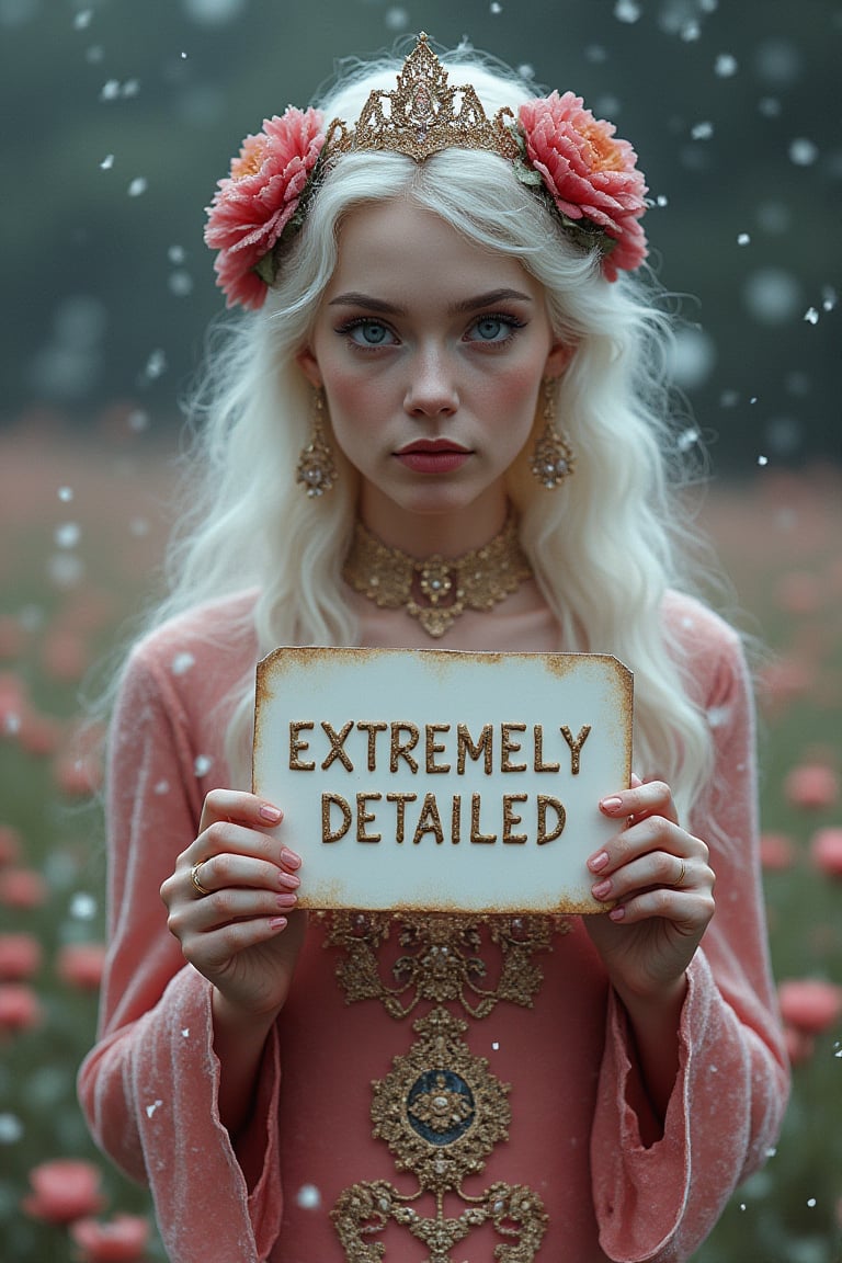 Real sharp photo, snowing, snowflakes in the air, blurred background, Black, pink, fuchsia, red portrait of a gorgeous princess with white hair, holding a sign that says "EXTREMELY DETAILED", white milky makeup, ethnic dress with floral gowns, hair ornament made of blooming flowers, crystals, blurry background, tiara, earrings, facing the viewer stands amidst snowflakes, rose gold minerals, shiny aura, highly detailed, frozen organically grown crystals, gold and pearl filigree, intricate motifs, organic tracery. A mesmerizingly enchanting scene unfolds in this cinematic film still. The image, likely a photograph, is highly detailed, realistic, and dreamlike. The woman radiates a magical quality, in the lush, vibrant field surrounding her. The overall effect is breathtaking and truly captivating, inviting viewers to lose themselves in the allure of this enchanting moment.