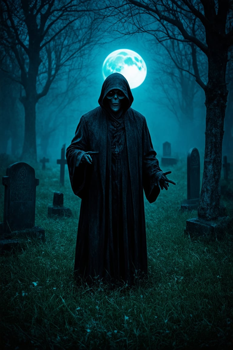  horror theme, Dark, dimly lit, moonlight, backlight, eerie, morbid, spooky, creepy, (double exposure grim reaper:1.5), merging and blending into an ancient cemetery burial ground, tombstones, graves, mausoleum, headstones, trees, tall grass, faint blue and green color grading, heavy mist, fog, grim reaper pointing at viewer, Masterpiece digital photography. Absurdres. High resolution, 4K, 8K,