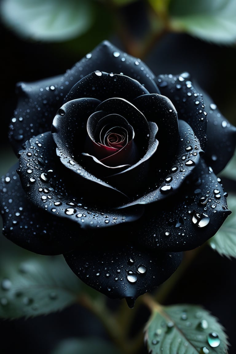 Macro Photography, a rose made out of black diamonds, shining starlight, Extreme Detail, Professional Photography, fine art, water droplets on black diamonds rose petals,