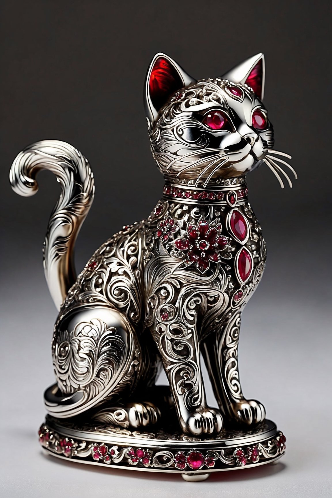 the ornate figurine of a cat, crafted from silver and adorned with intricate floral designs, sits majestically on the polished surface. its ruby red eyes glow with an eerie intensity, adding to its mystical aura. the cat figurine is not alone; it shares the space with other unique objects that add depth and character to the scene.
