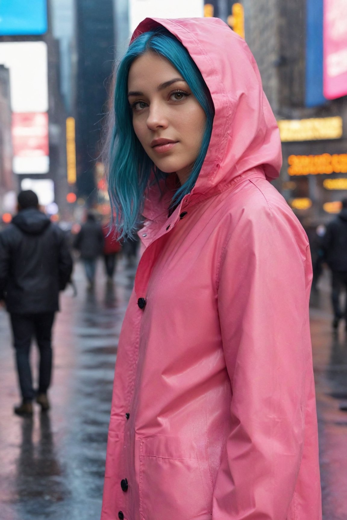 Ultra-high resolution, cinematic lighting,Woman wearing pink raincoat in Times Square,xxmix_girl,more detail XL, blue medium hair, mexican