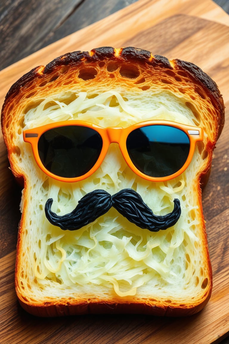 A piece of bread has a face made out of sauerkraut on it. There is a pair of orange sunglasses on top of the bread with a black mustache. The bread is sitting on a wooden cutting board.