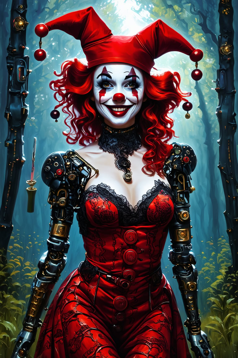 a detailed oil painting of a beautiful mechanical clown, cyborg, exposed circuitry, pale skin, wide grin, she wears traditional clown makeup, a lace jester costume, technological enhancements, a jester_cap, long curly red hair, red aura, standing in dark mysterious forest, a mix of science_fiction and fantasy, intricate artistic details, red theme,