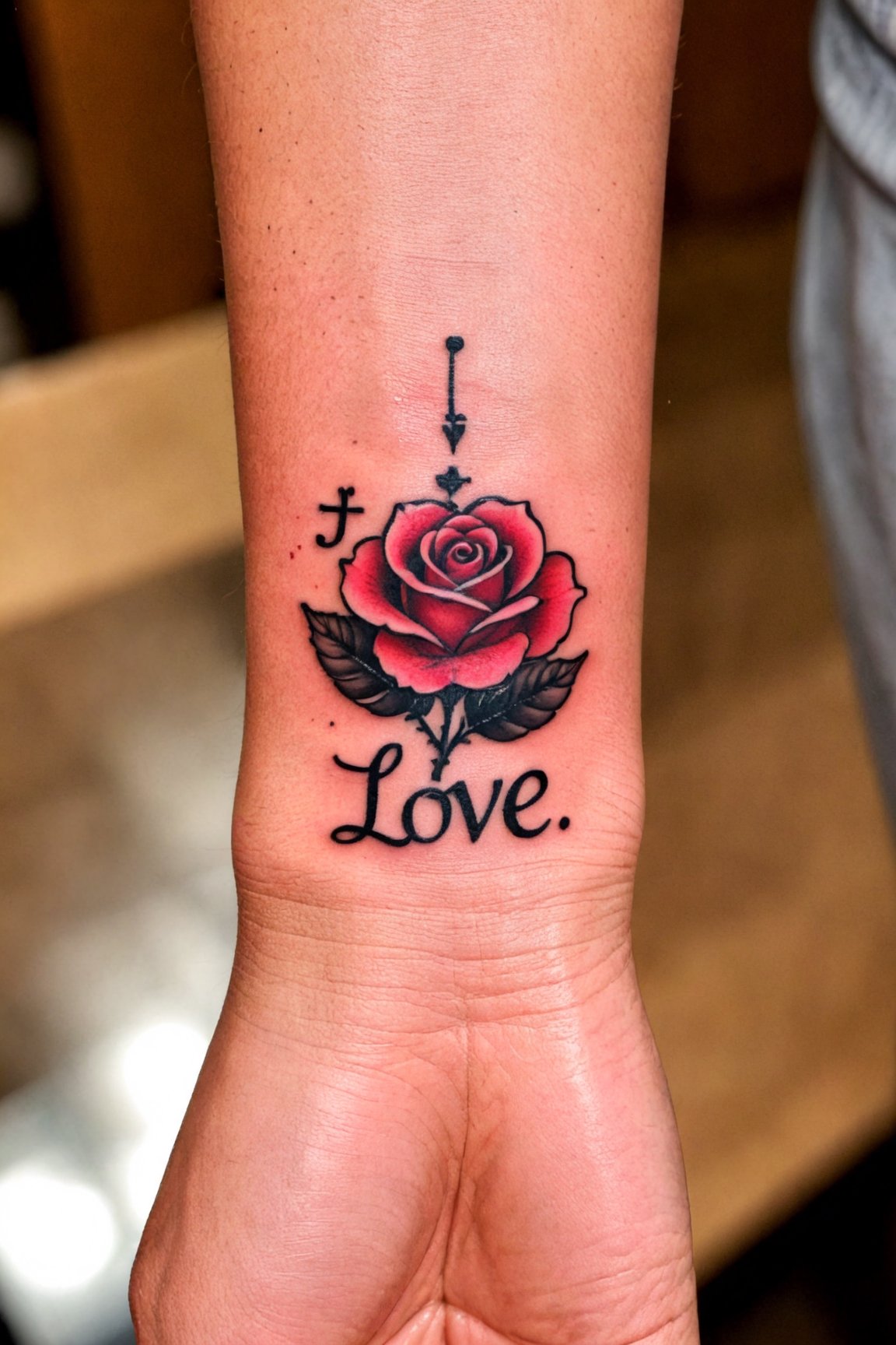 Wrist Tattoo, Tattoo Design, a small tattoo on the wrist of a man with a rose and the word 'love' written on it