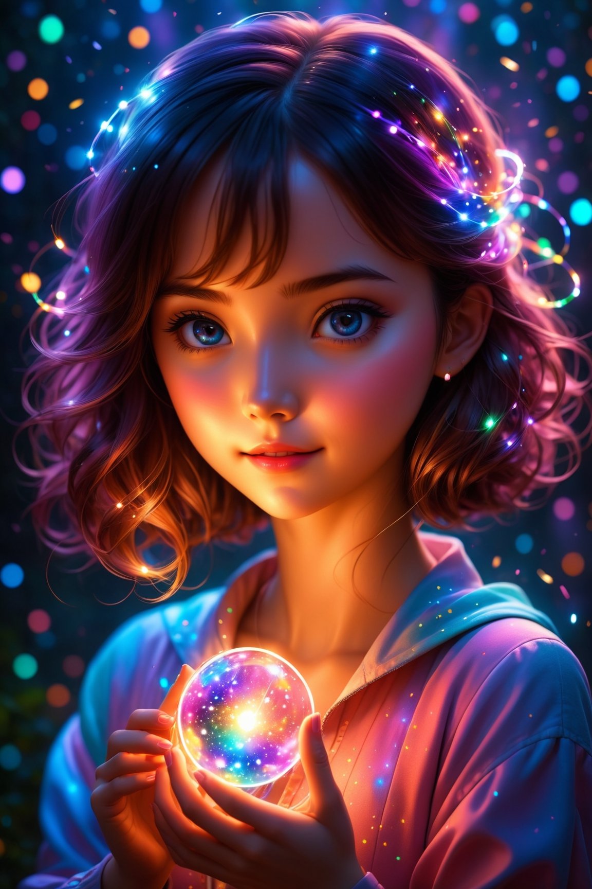 (best quality, masterpiece:1.2),ultra detailed,(photo realistic:1.4),solo,cute girl,(colorful illumination:1.1),light_particles, summon,on hand,luminescence_circle_background,
