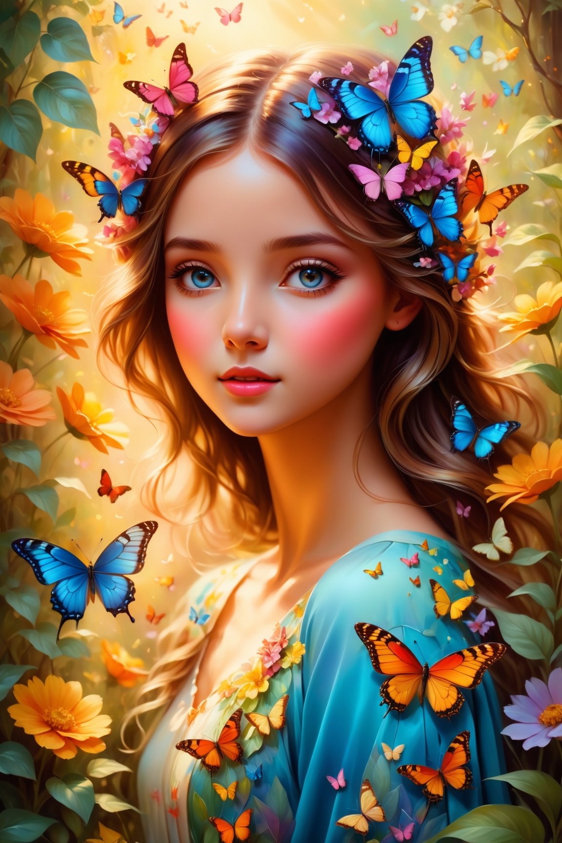 Girl with a butterfly head, surrounded by a colorful garden, soft and soothing colors, vibrant flowers, butterflies flying around, gentle sunlight, dreamlike atmosphere, detailed and realistic features, smooth brushstrokes, oil painting medium, high-quality and high-resolution, magical and surreal style, captivating and imaginative scene, happy and peaceful mood, intricate patterns on the butterfly wings, delicate petals and leaves, harmonious composition, ethereal and enchanting ambiance, the girl's serene expression, capturing the viewer's attention, a masterpiece that evokes emotions and sparks creativity. (best quality, 4k, highres, masterpiece:1.2), ultra-detailed, realistic:1.37, oil painting, vibrant colors, soft lighting, enchanting garden, magical butterfly