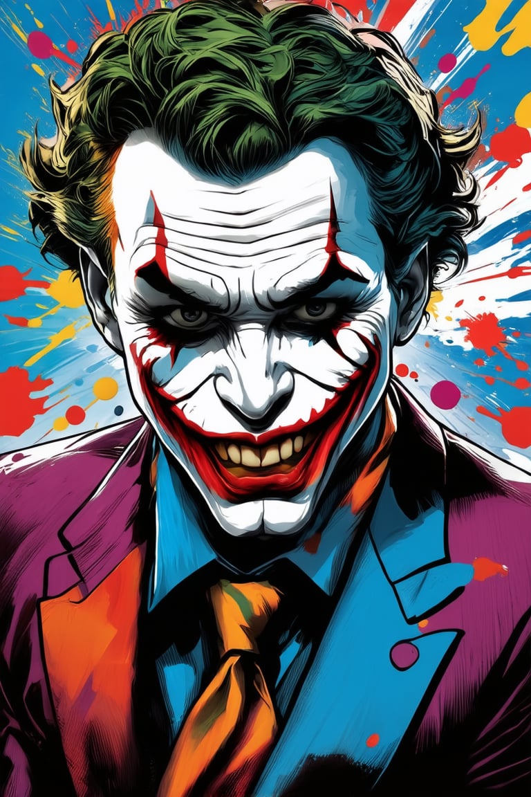 Comic Art Illustration Style,  the joker with colorful paint splatters on his face, solo, looking at viewer, shirt, red eyes, 1boy, male focus, necktie, formal, suit, clown