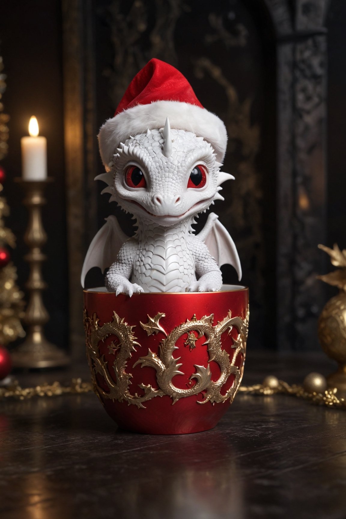 a dark gothic, White dragon baby wearing a red Christmas hat, in a golden Christmas cup. surrounding by dark gothic room, soft cinematic lighting, highly detailed, 8k