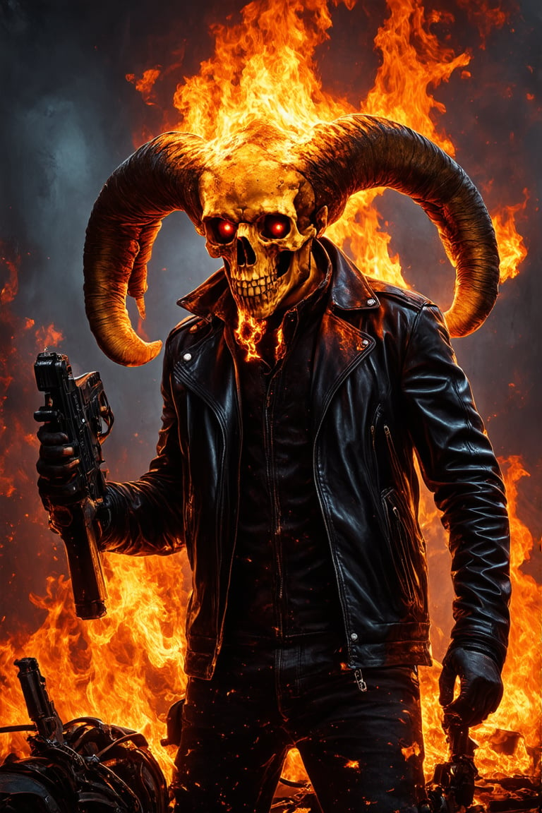 __Ghost Rider __, solo, 1boy __nicolas cage__, jacket, weapon, male focus, gun, night, chain, fire, ground vehicle, building, motor vehicle, skull, leather, hell customized chopper, ((ram's skull with glowing red eyes)), warped and dripping with ((molten metal)), burns with ((eerie flames)), leather jacket, burning, [Chrome:0.5], [rider:0.3], (masterpiece, award winning artwork) many details, extreme detailed, full of details, Wide range of colors, high Dynamic         casting shadow style, cucoloris patterned illumination