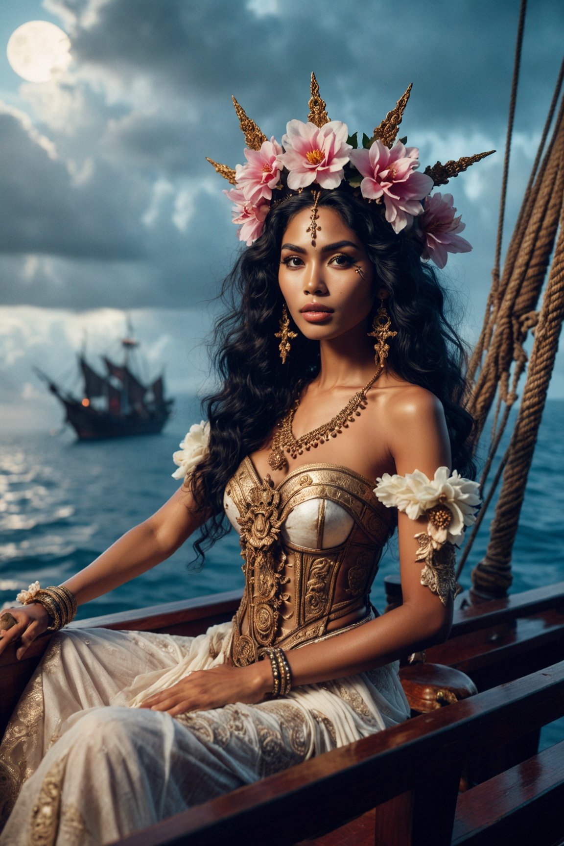Mythical Full Body Portrait Photo of Dyah Gitarja aboard her Javanese ship, wearing a flower and a majestic crown in her hair, enveloped by the mystical aura of the sea and ancient maritime spirits, bathed in the ethereal light of moonrise, photographed from a mystical and reverent angle . 35mm photograph, film, bokeh, professional, shot by doug dubois, 4k, highly detailed