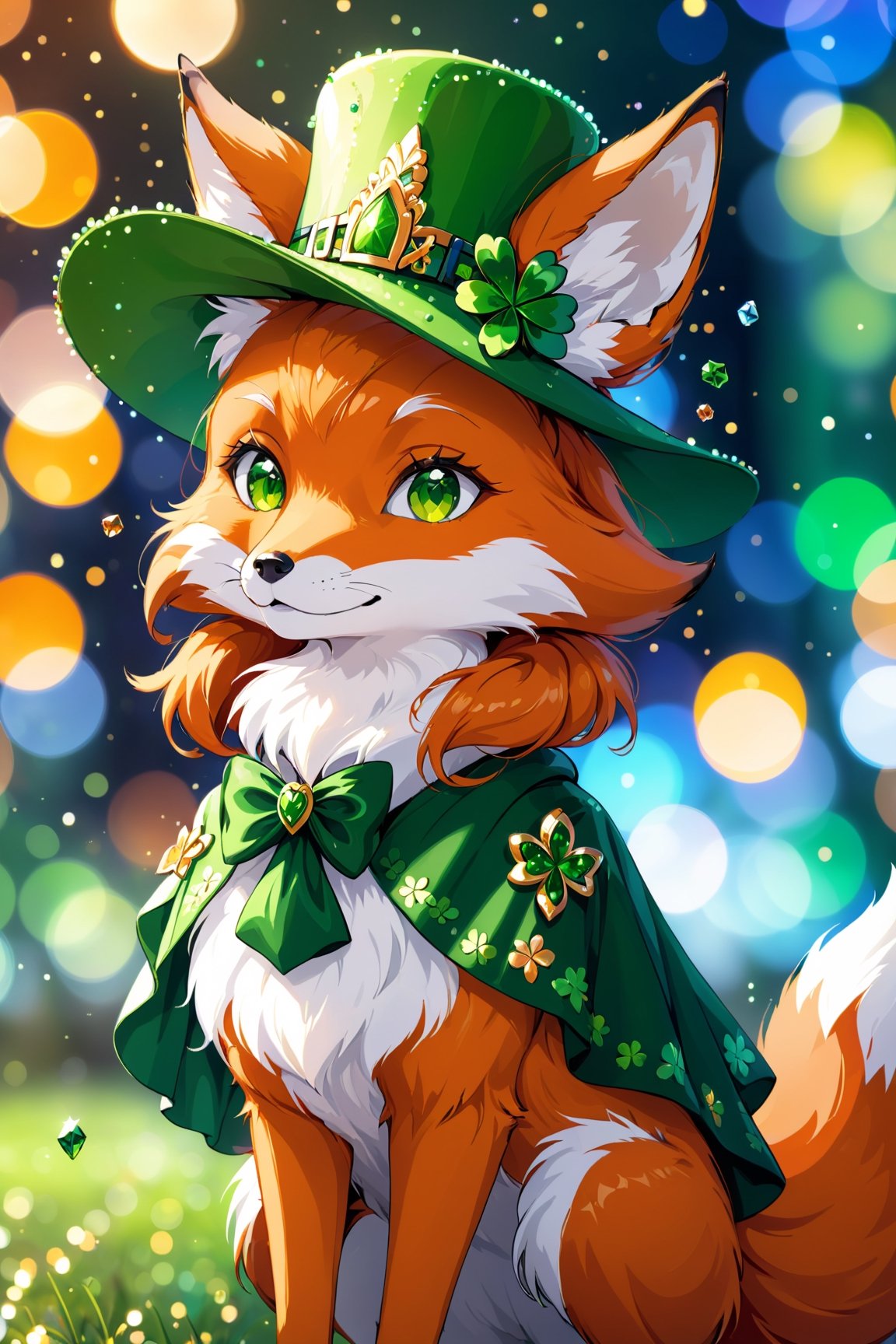 cs-cr1stal-v2, a cute red fox made of crystals wearing st. patricks day clothes and hat for the celebration, bokeh blur background, detailed, masterpiece, 8K resolution
