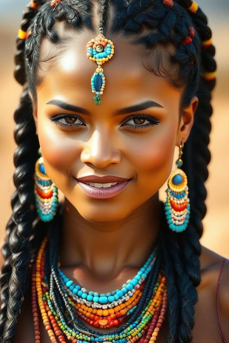 A close-up shot of a woman's face, her braids woven intricately with vibrant beads that catch the warm sunlight. Her eyes gleam with cultural pride as she proudly wears traditional adornments, her dark skin radiant against the earthy tones of her surroundings.