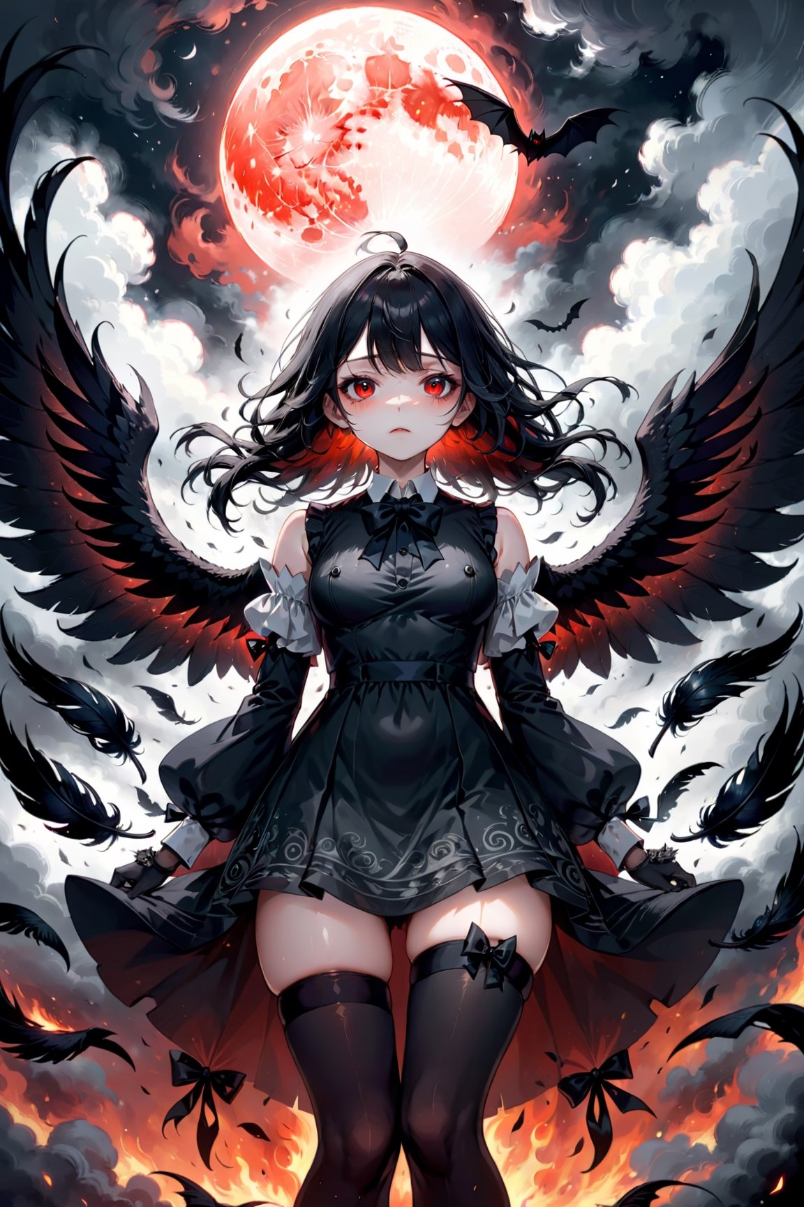 (((masterpiece))),best quality, extremely detailed CG unity 8k, illustration, contour deepening beautiful detailed glow,(beautiful detailed eyes), (1 girl:1.1), ((Bana)), large top sleeves, Floating black ashes, Beautiful and detailed black, red moon, ((The black clouds)), (black Wings) , a black cloudy sky, burning, black dress, (beautiful detailed eyes), black expressionless, beautiful detailed white gloves, (crow), bat, (floating black cloud:1.5),white and black hair, disheveled hair, long bangs, hairs between eyes, black knee-highs, black ribbon, white bowties, midriff,{{{half closed eyes}}},((Black fog)), Red eyes, (black smoke), complex pattern, ((Black feathers floating in the air)), (((arms behind back)))